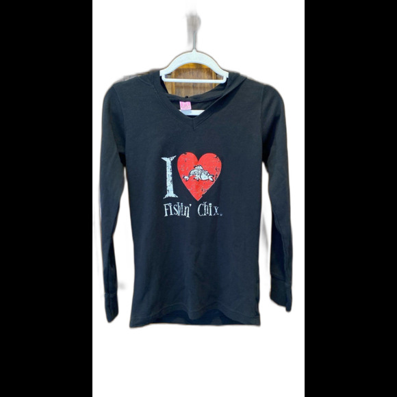 Girls Hoodie Size Large Lightweight Henley Type Fabric Distressed Fishin’ Chix! - Picture 1 of 7